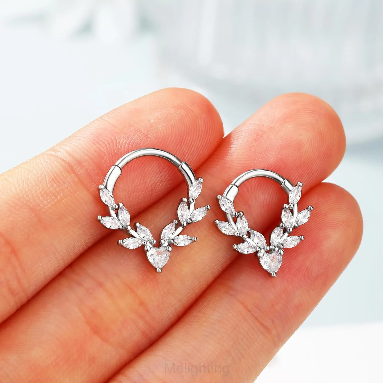 Melighting 16g Vine Septum Ring Septum Jewelry Clear CZ Stainless Steel 316L Heart Daith Earring for Women Septum Clicker for Men