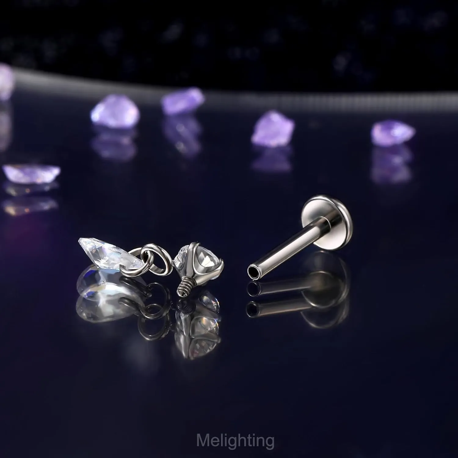 Melighting Titanium G23 Cartilage Earring Internally Threaded 16G Dangle Teardrop Helix Stud 8mm Star Helix Earring Clear CZ Heart Flat Back Earring Moon Labret Stud Tragus Piercing Jewelry