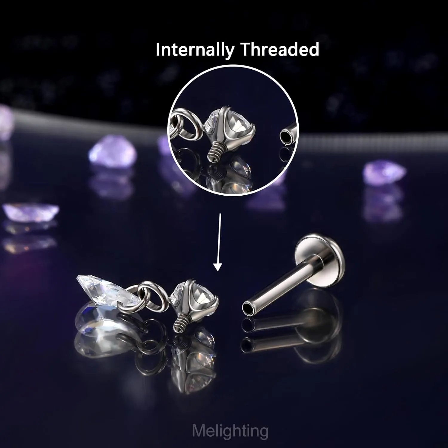 Melighting Titanium G23 Cartilage Earring Internally Threaded 16G Dangle Teardrop Helix Stud 8mm Star Helix Earring Clear CZ Heart Flat Back Earring Moon Labret Stud Tragus Piercing Jewelry
