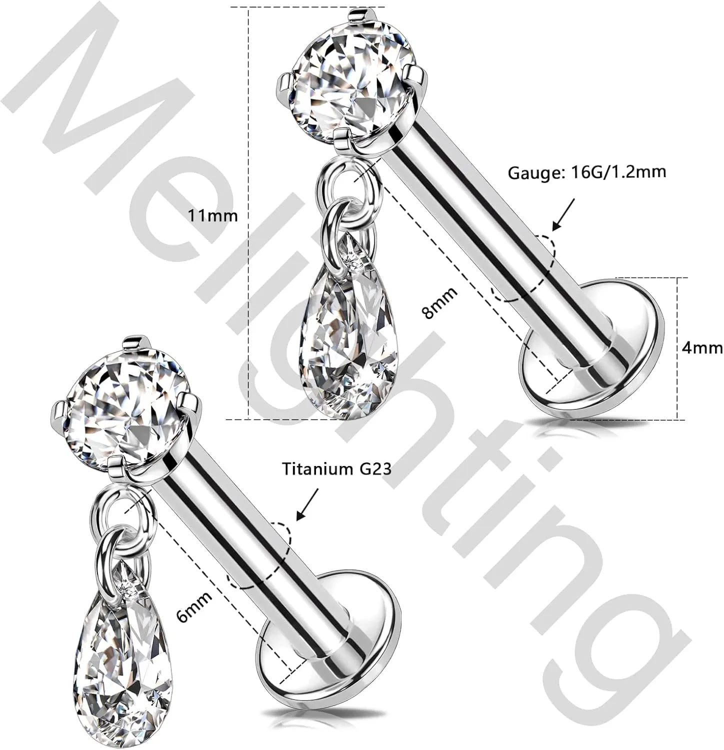 Melighting Titanium G23 Cartilage Earring Internally Threaded 16G Dangle Teardrop Helix Stud 8mm Star Helix Earring Clear CZ Heart Flat Back Earring Moon Labret Stud Tragus Piercing Jewelry