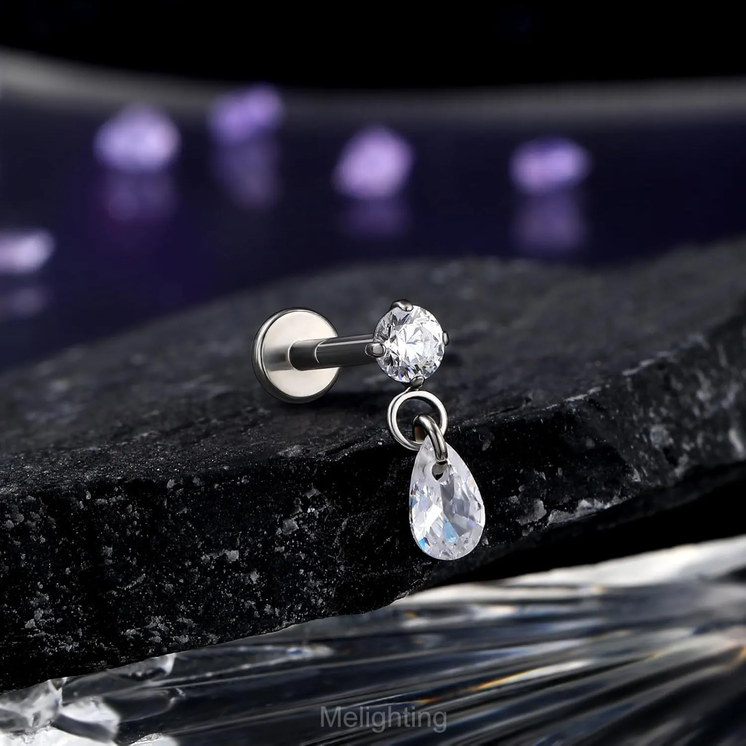 Melighting Titanium G23 Cartilage Earring Internally Threaded 16G Dangle Teardrop Helix Stud 8mm Star Helix Earring Clear CZ Heart Flat Back Earring Moon Labret Stud Tragus Piercing Jewelry