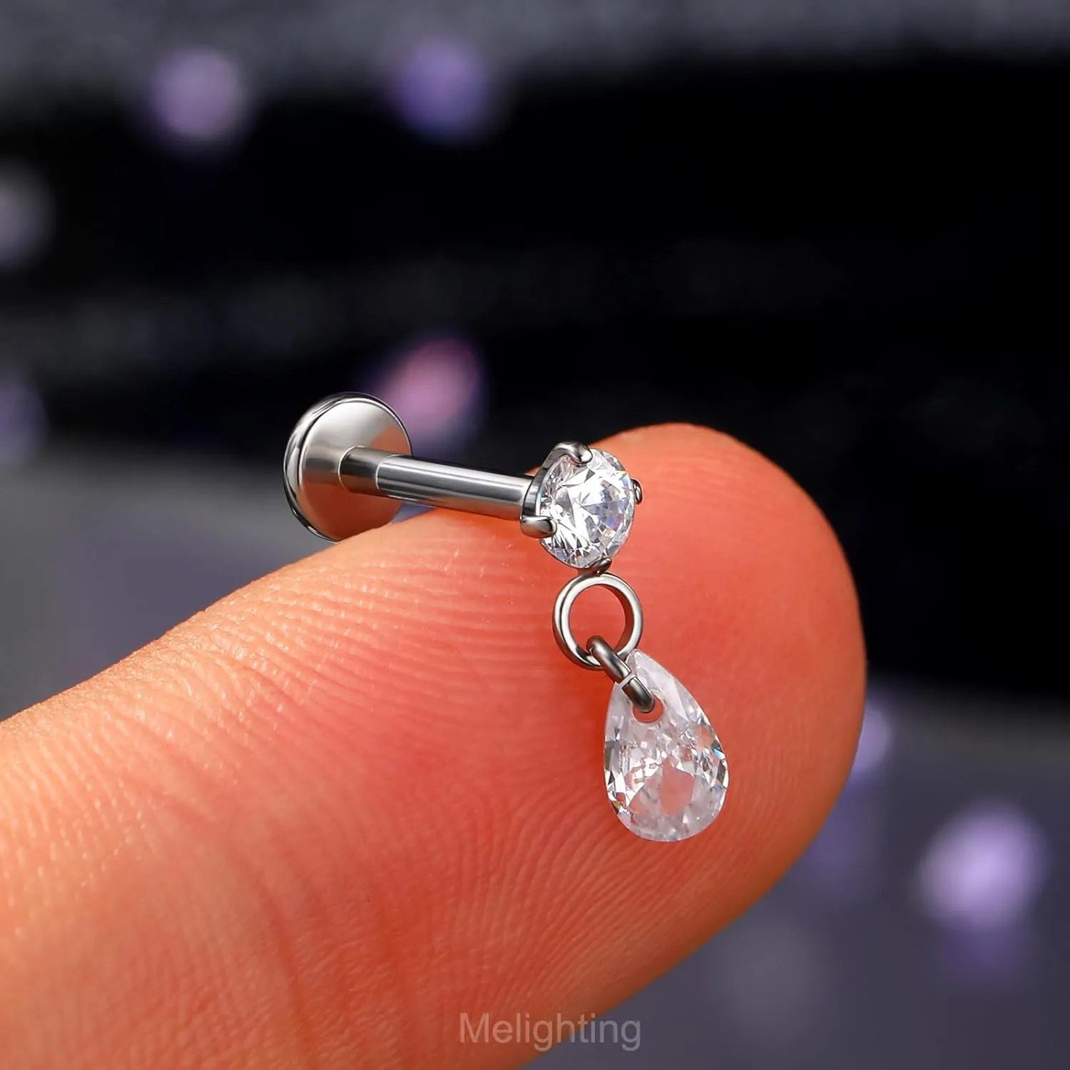 Melighting Titanium G23 Cartilage Earring Internally Threaded 16G Dangle Teardrop Helix Stud 8mm Star Helix Earring Clear CZ Heart Flat Back Earring Moon Labret Stud Tragus Piercing Jewelry