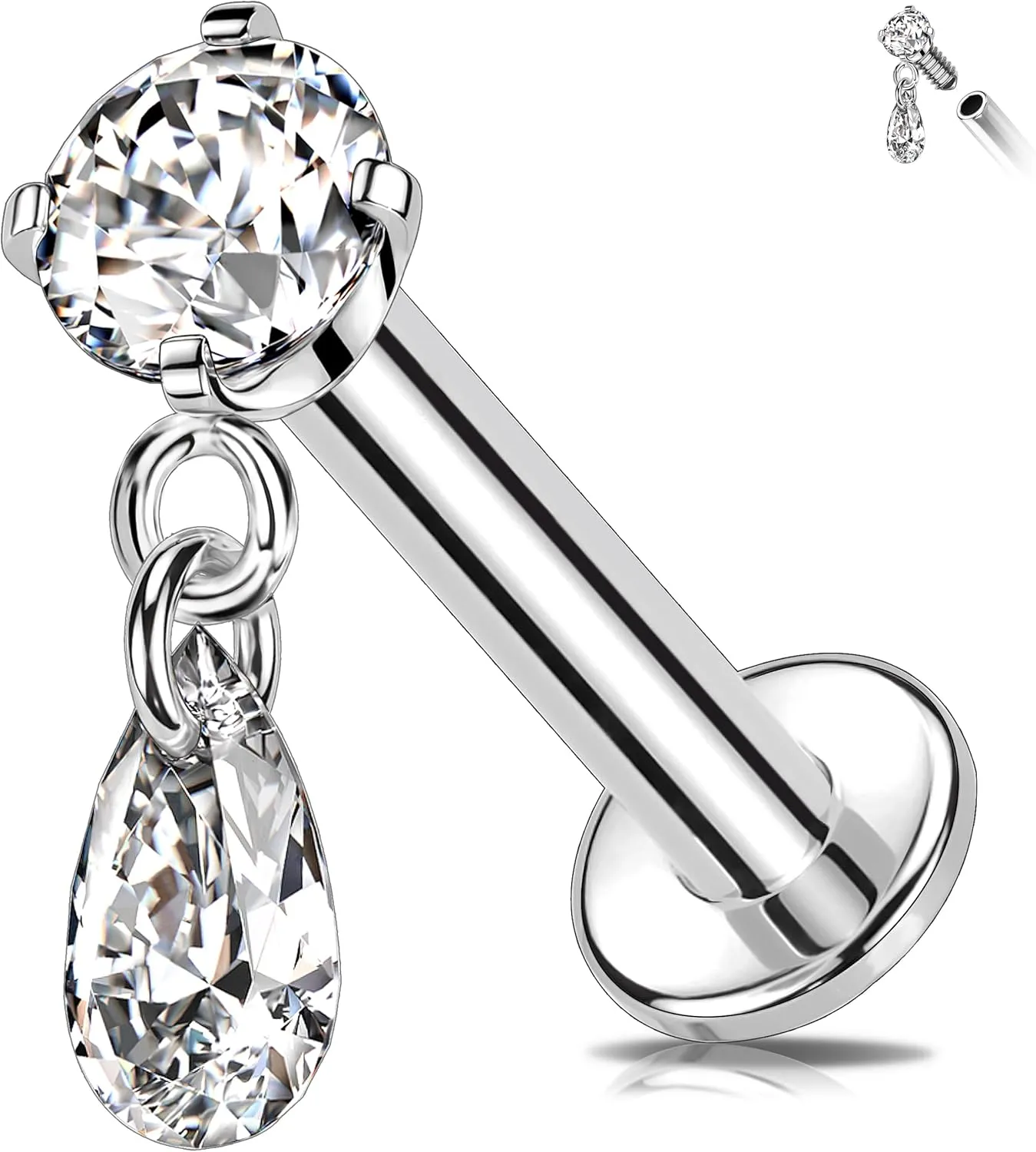 Melighting Titanium G23 Cartilage Earring Internally Threaded 16G Dangle Teardrop Helix Stud 8mm Star Helix Earring Clear CZ Heart Flat Back Earring Moon Labret Stud Tragus Piercing Jewelry