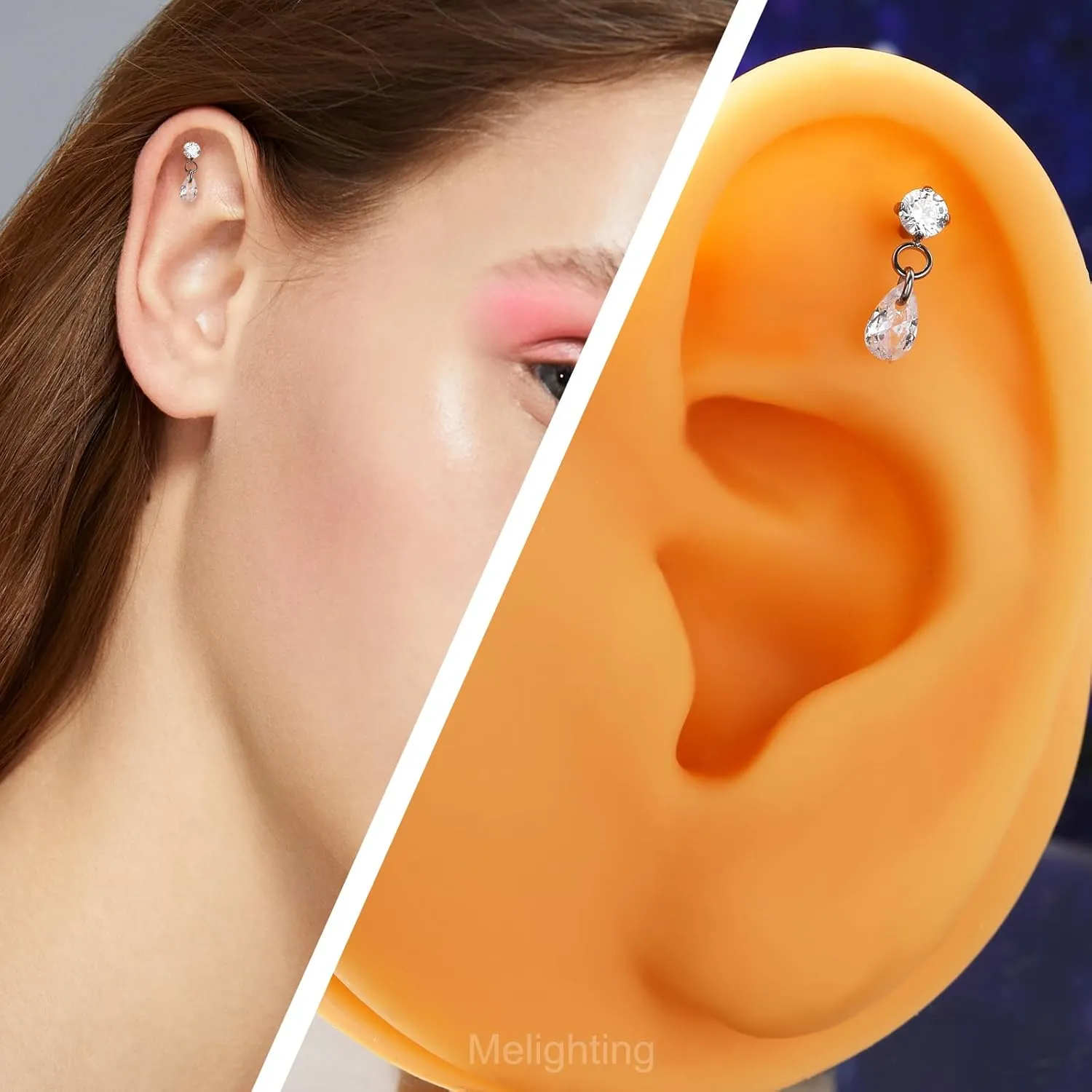 Melighting Titanium G23 Cartilage Earring Internally Threaded 16G Dangle Teardrop Helix Stud 8mm Star Helix Earring Clear CZ Heart Flat Back Earring Moon Labret Stud Tragus Piercing Jewelry