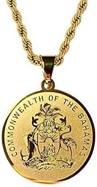 Men Women 925 Italy 14k Gold Finish Round Bahamas Coin Common Wealth Of Bahamas Peso money Gold Coin Pendant Stainless Steel Real 2.5 mm Rope Chain Necklace, Chain Pendant Rope Necklace