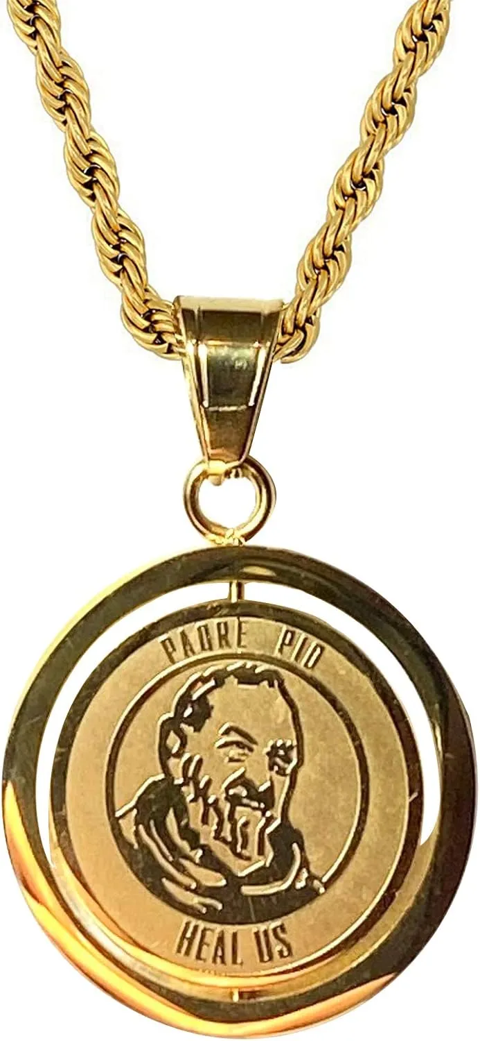 Men Women Gold Finish holy Blessed Saint St Padre Pio Pietrelcina pendant necklace Stainless Steel Jewelry Catholic Mary, Padre Pio Pray for us Religious Jewelry Necklace Set
