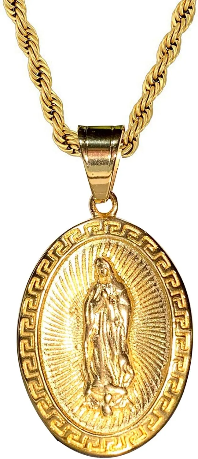 Men Women Gold Finish Our lady of Guadalupe holy Blessed pendant necklace Stainless Steel Jewelry Catholic Mary, Mary Guadalupe Blessed Mother Mary - Our Lady of Guadalupe Religious Jewelry Necklace Set