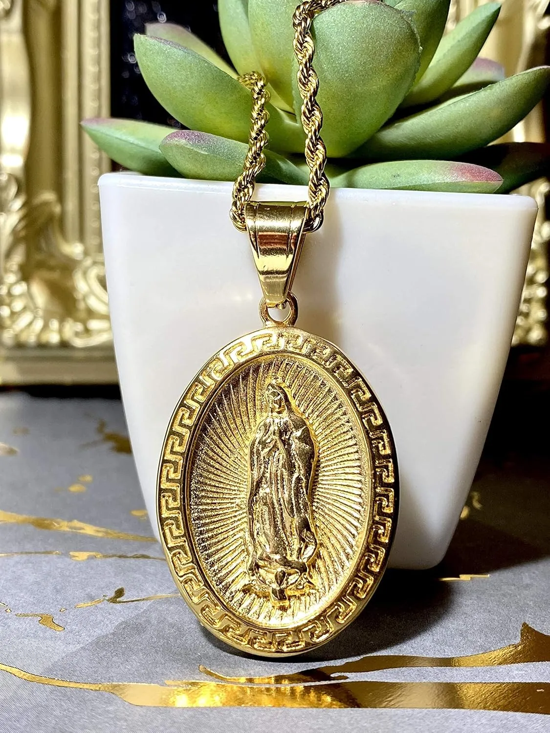 Men Women Gold Finish Our lady of Guadalupe holy Blessed pendant necklace Stainless Steel Jewelry Catholic Mary, Mary Guadalupe Blessed Mother Mary - Our Lady of Guadalupe Religious Jewelry Necklace Set