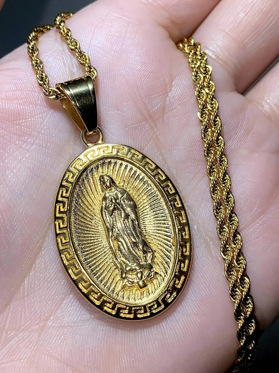 Men Women Gold Finish Our lady of Guadalupe holy Blessed pendant necklace Stainless Steel Jewelry Catholic Mary, Mary Guadalupe Blessed Mother Mary - Our Lady of Guadalupe Religious Jewelry Necklace Set