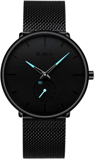 Mens Black Watches Men Stainless Steel Waterproof Mesh Watch Simple Designer Analogue Quartz Stylish Watch Men's Luxury Business Classic Dress Watch for Men