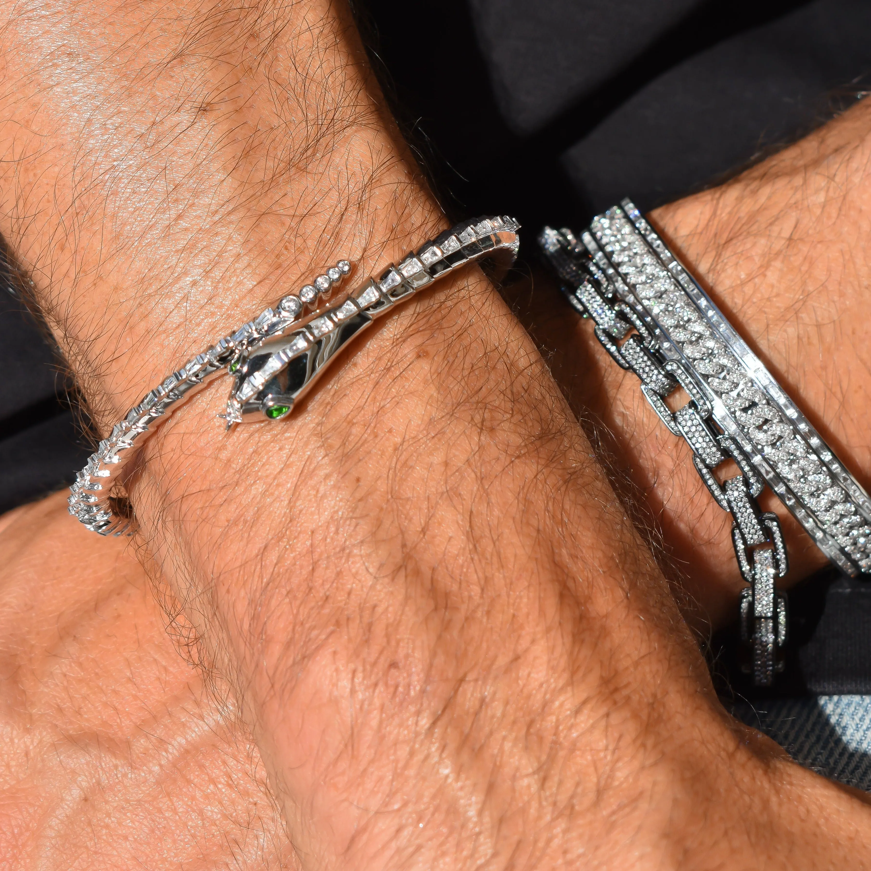 MEN'S DIAMOND PAVE MINI LINK BANGLE W/ BAGUETTE BORDER