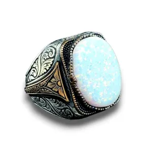 Mens Silver Opal Ring, White Opal Ring, Sterling Silver Handmade Opal Gemstone Ring, Ottoman Style Ring, AAA Quality Opal Gem Ring