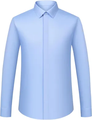 Men's Solid Color Long Sleeve French Cuff Dress Shirts, Hidden Button Front, Includes Blue Gemstone Cufflinks