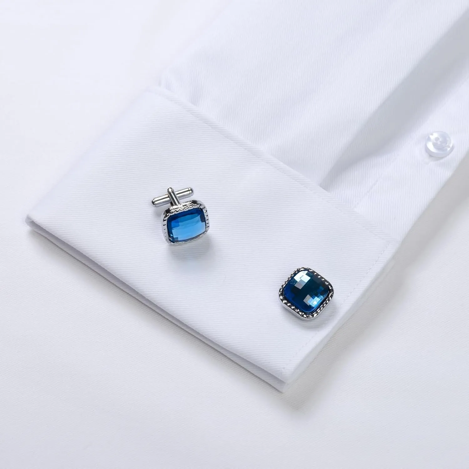 Men's Solid Color Long Sleeve French Cuff Dress Shirts, Hidden Button Front, Includes Blue Gemstone Cufflinks