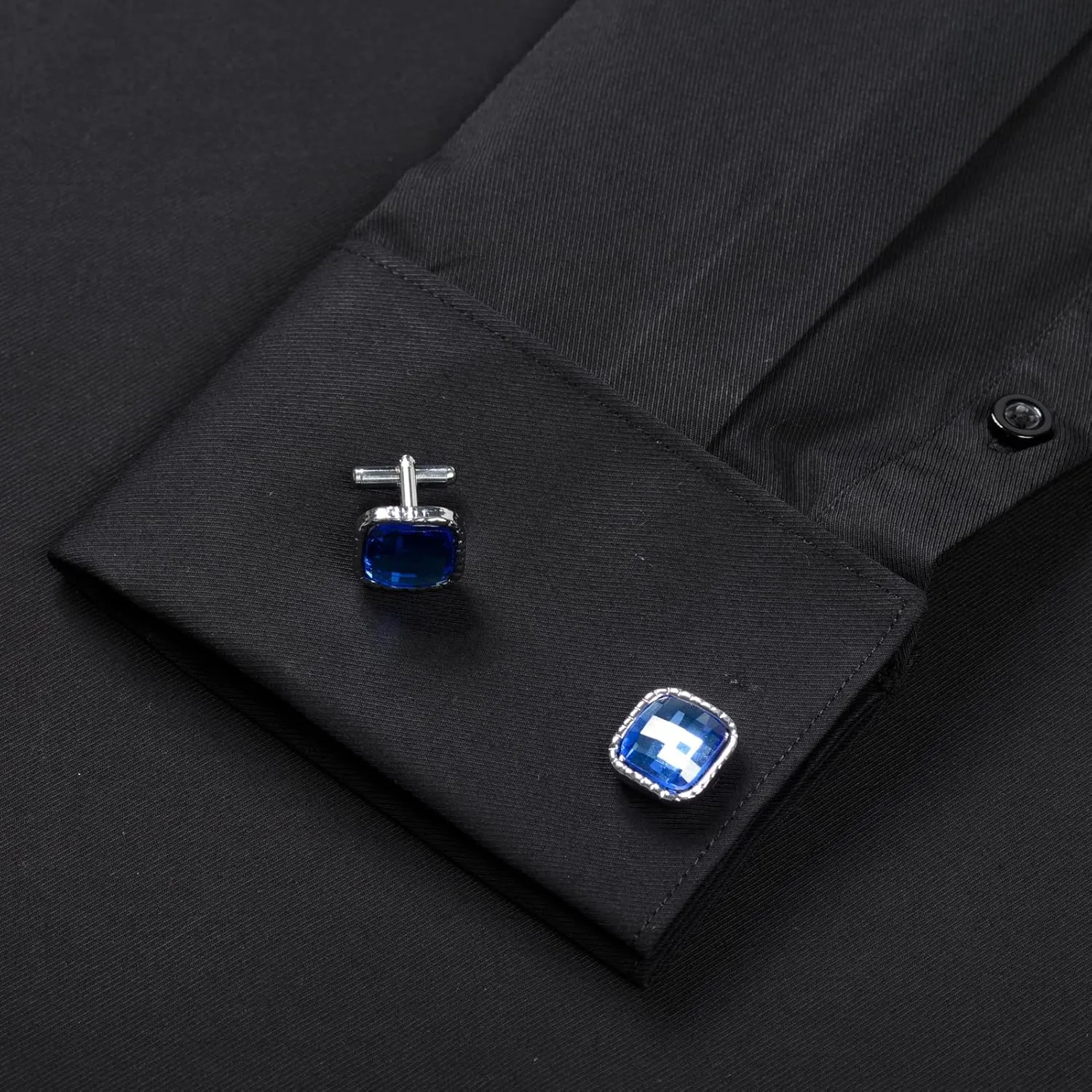 Men's Solid Color Long Sleeve French Cuff Dress Shirts, Hidden Button Front, Includes Blue Gemstone Cufflinks