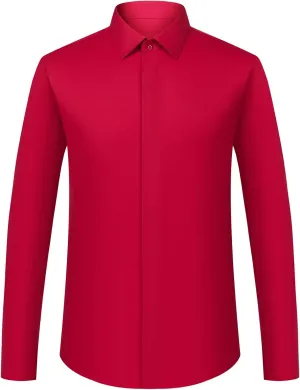 Men's Solid Color Long Sleeve French Cuff Dress Shirts, Hidden Button Front, Includes Blue Gemstone Cufflinks