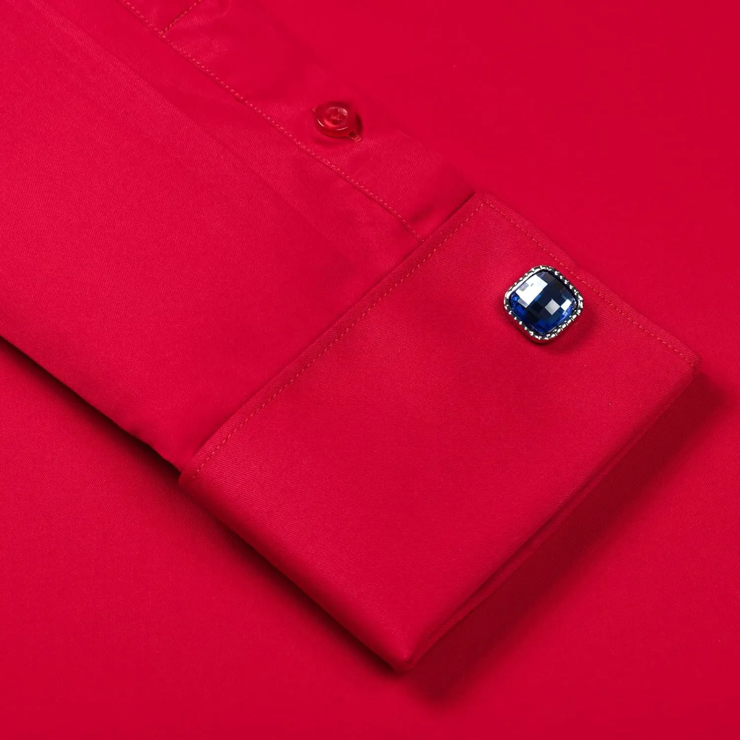 Men's Solid Color Long Sleeve French Cuff Dress Shirts, Hidden Button Front, Includes Blue Gemstone Cufflinks