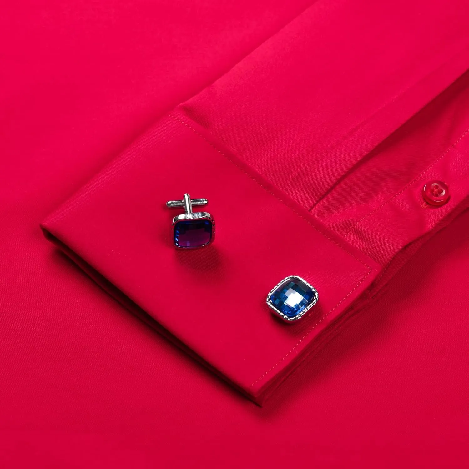 Men's Solid Color Long Sleeve French Cuff Dress Shirts, Hidden Button Front, Includes Blue Gemstone Cufflinks