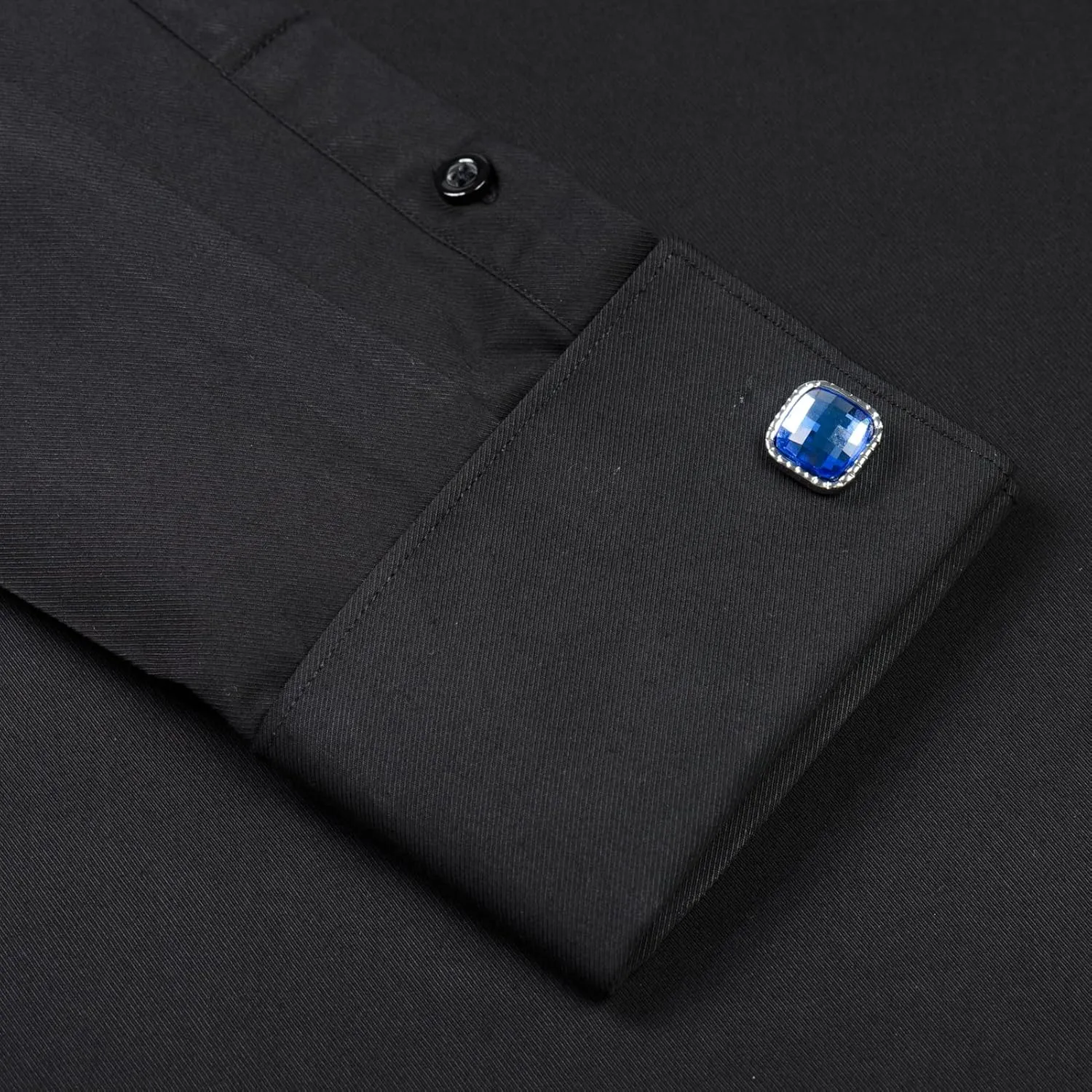 Men's Solid Color Long Sleeve French Cuff Dress Shirts, Hidden Button Front, Includes Blue Gemstone Cufflinks