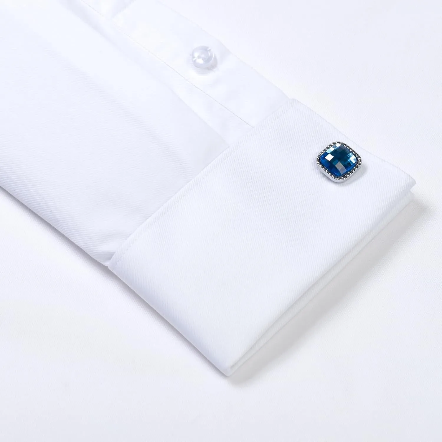 Men's Solid Color Long Sleeve French Cuff Dress Shirts, Hidden Button Front, Includes Blue Gemstone Cufflinks