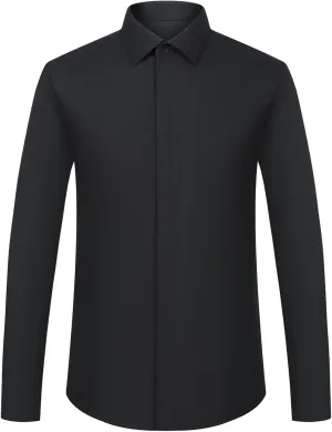 Men's Solid Color Long Sleeve French Cuff Dress Shirts, Hidden Button Front, Includes Blue Gemstone Cufflinks