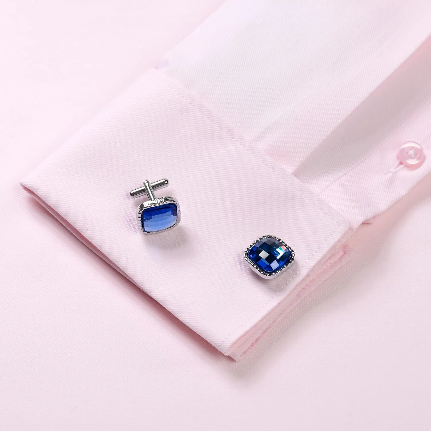 Men's Solid Color Long Sleeve French Cuff Dress Shirts, Hidden Button Front, Includes Blue Gemstone Cufflinks