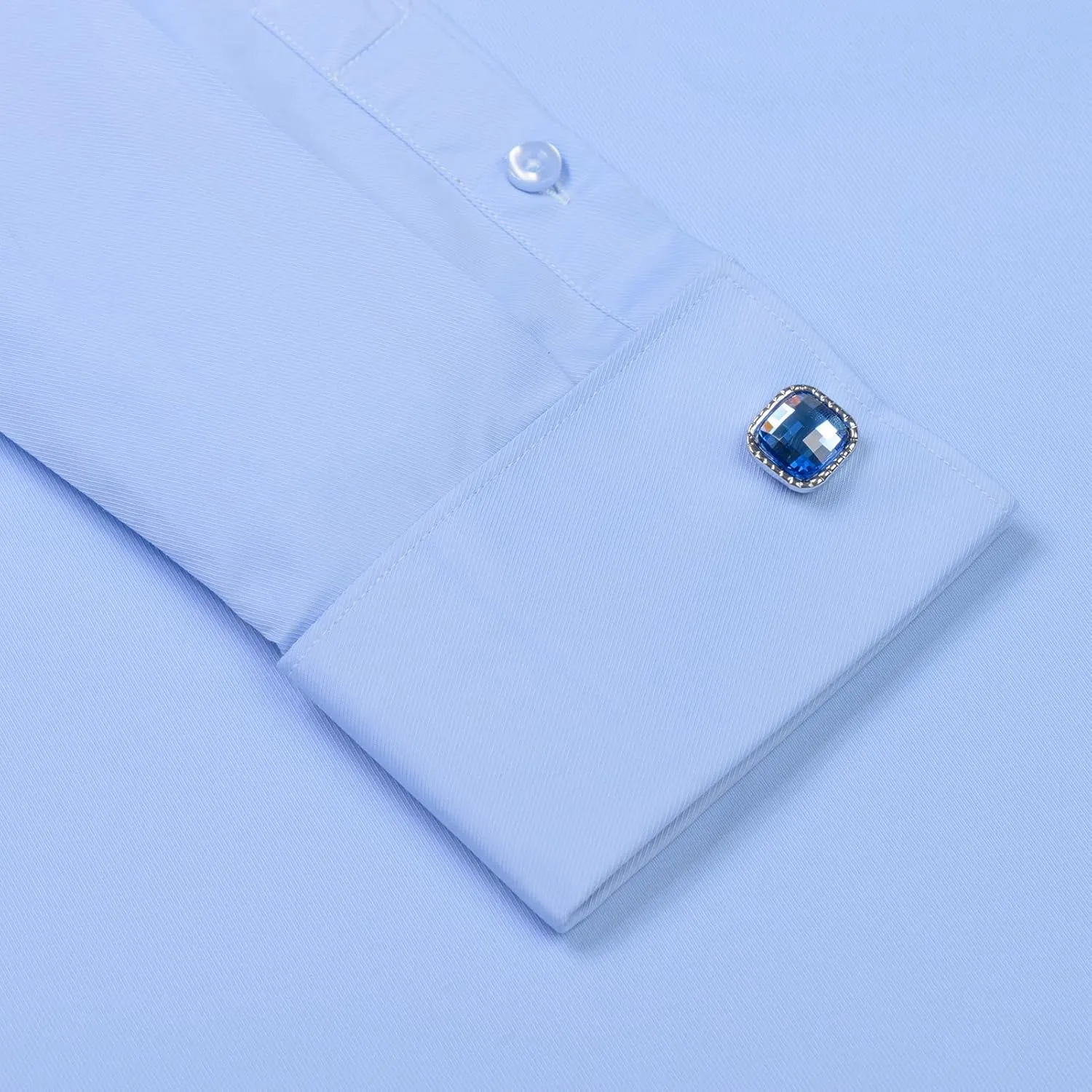Men's Solid Color Long Sleeve French Cuff Dress Shirts, Hidden Button Front, Includes Blue Gemstone Cufflinks