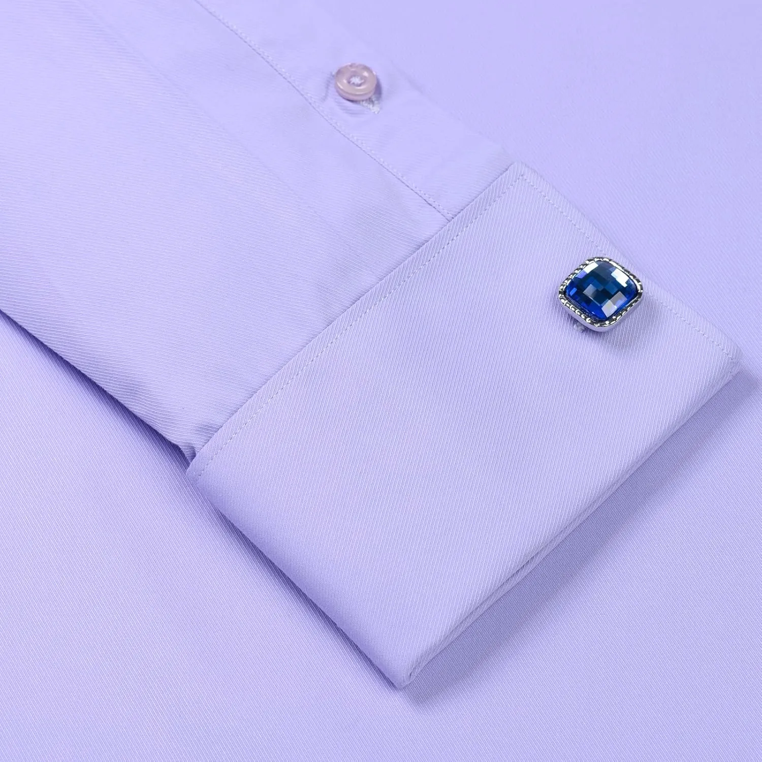 Men's Solid Color Long Sleeve French Cuff Dress Shirts, Hidden Button Front, Includes Blue Gemstone Cufflinks