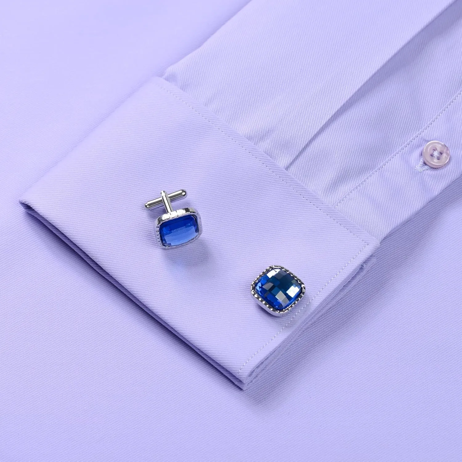 Men's Solid Color Long Sleeve French Cuff Dress Shirts, Hidden Button Front, Includes Blue Gemstone Cufflinks