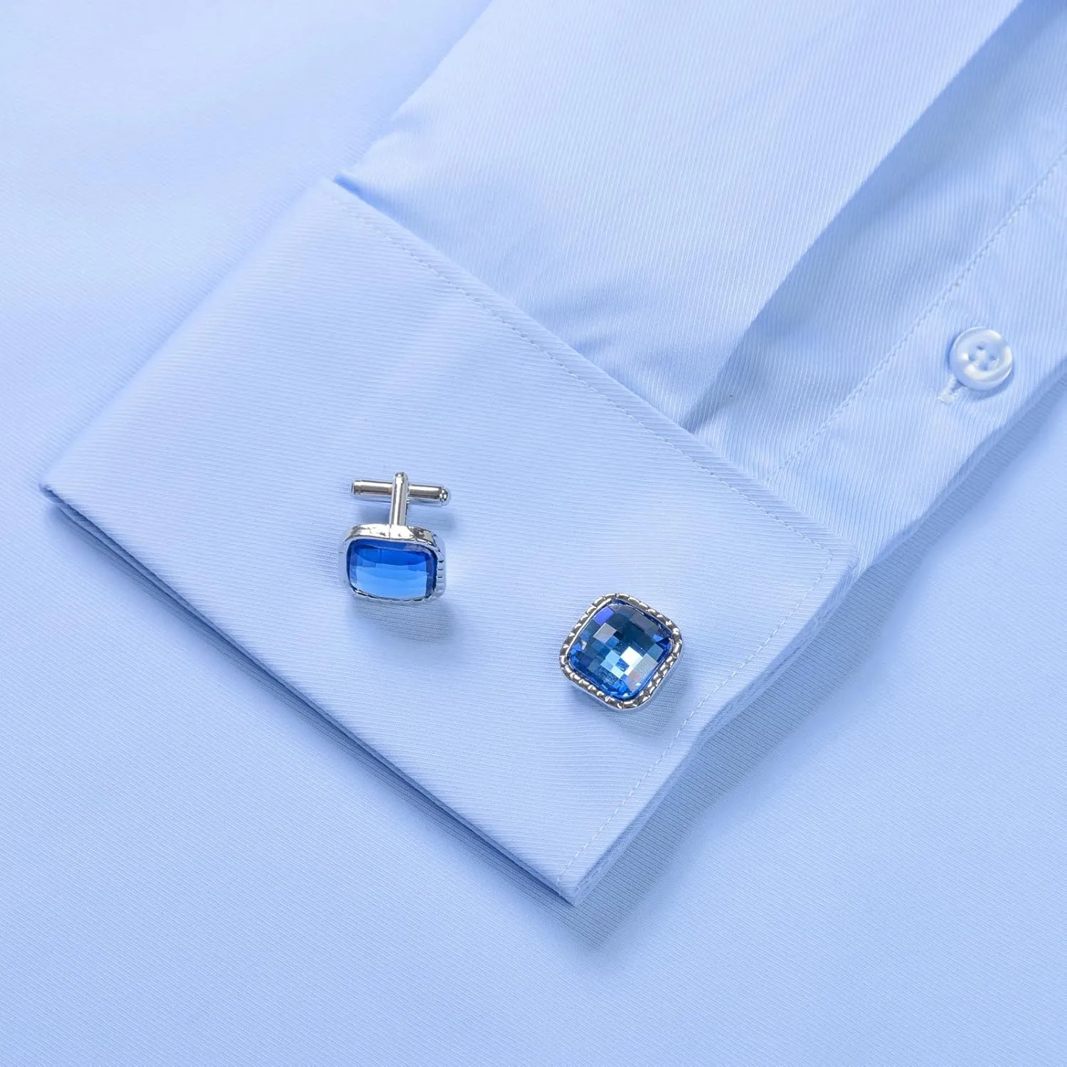 Men's Solid Color Long Sleeve French Cuff Dress Shirts, Hidden Button Front, Includes Blue Gemstone Cufflinks