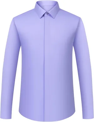 Men's Solid Color Long Sleeve French Cuff Dress Shirts, Hidden Button Front, Includes Blue Gemstone Cufflinks