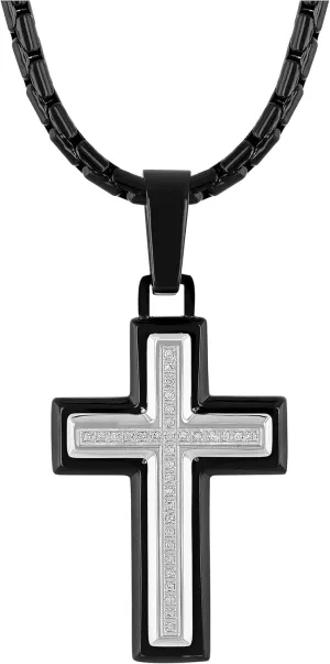 Men's Stainless Steel Two Tone Black Cross Pendant on 24" Rolo Chain Necklace