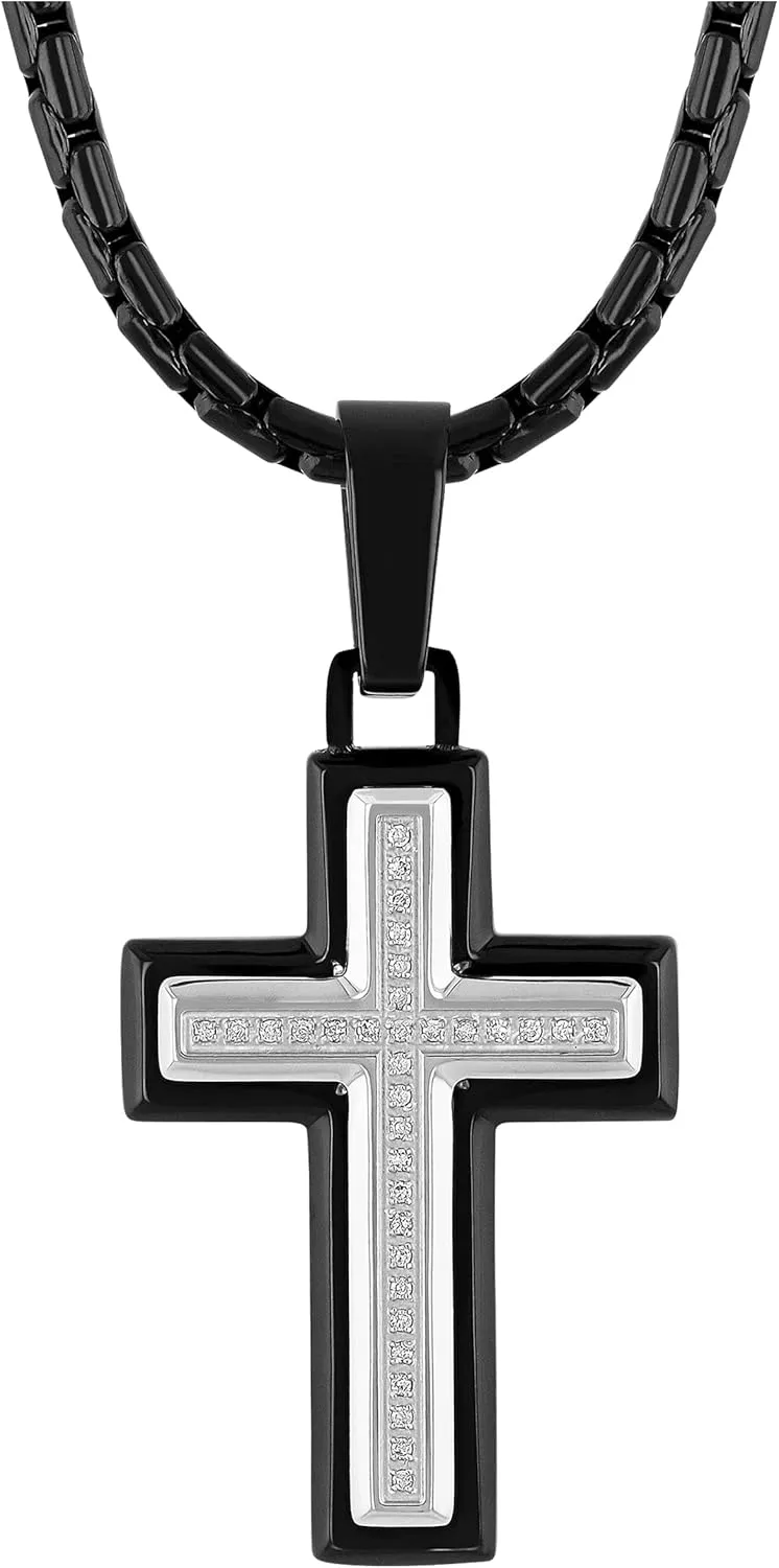 Men's Stainless Steel Two Tone Black Cross Pendant on 24" Rolo Chain Necklace