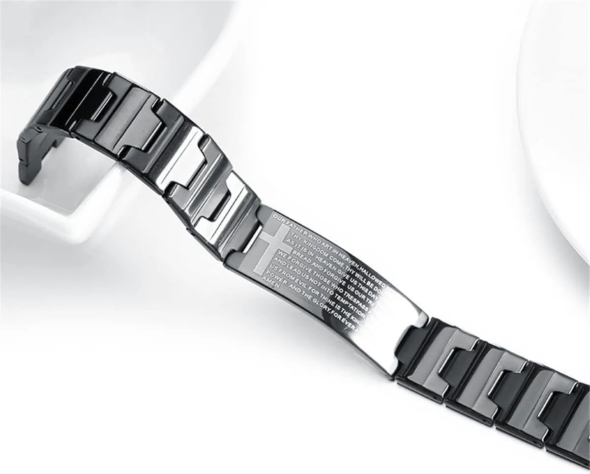 Men's Vintage Stainless Steel Black Cross Silver English Bible Lords Prayer Religious Link Wrist Bracelet (black (cross on side 8.1")
