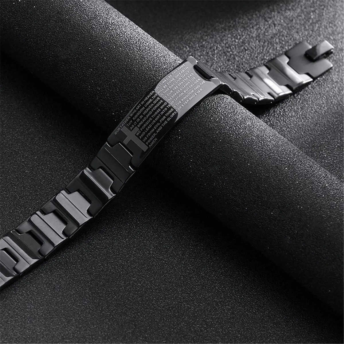 Men's Vintage Stainless Steel Black Cross Silver English Bible Lords Prayer Religious Link Wrist Bracelet (black (cross on side 8.1")
