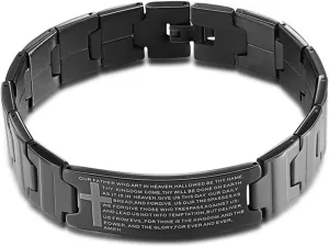 Men's Vintage Stainless Steel Black Cross Silver English Bible Lords Prayer Religious Link Wrist Bracelet (black (cross on side 8.1")