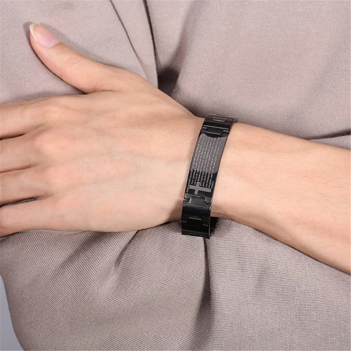 Men's Vintage Stainless Steel Black Cross Silver English Bible Lords Prayer Religious Link Wrist Bracelet (black (cross on side 8.1")