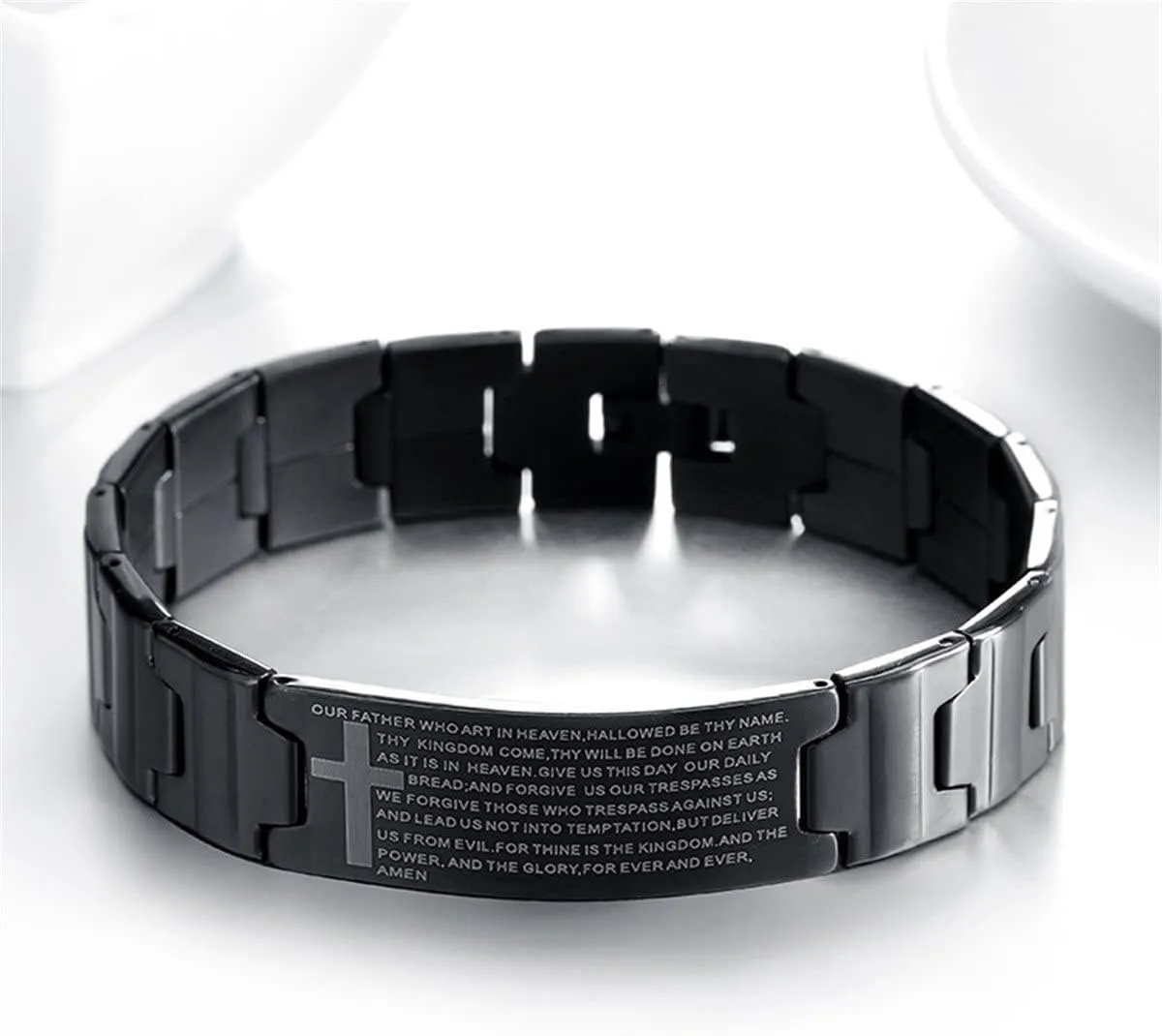 Men's Vintage Stainless Steel Black Cross Silver English Bible Lords Prayer Religious Link Wrist Bracelet (black (cross on side 8.1")