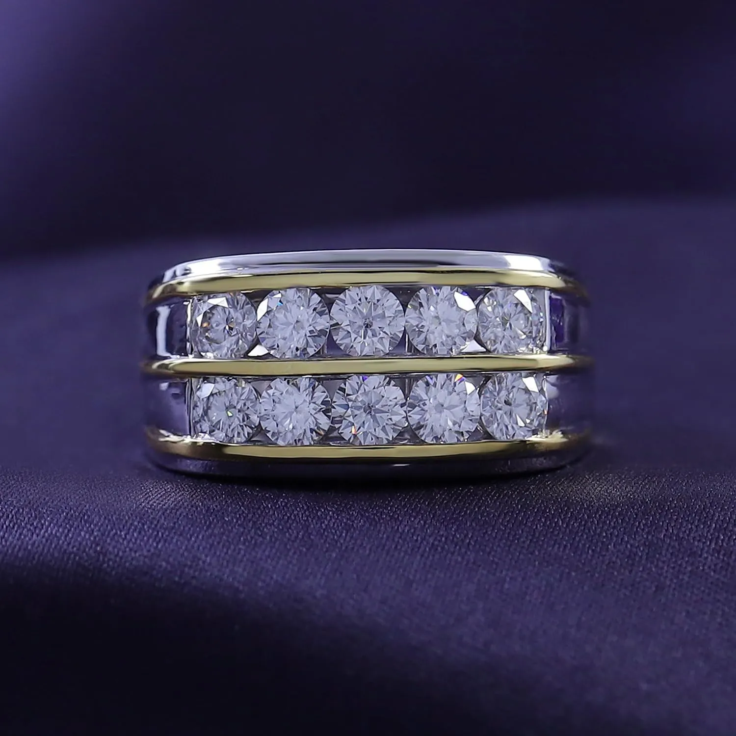 Men's Wedding Band Rings | 925 Sterling Silver Princess Cut Moissanite & Lab Grown Diamond Men's Religious Two Tone Double Row Crossover Channel Set Half Eternity Band 3 Stone Promise Ring For Him