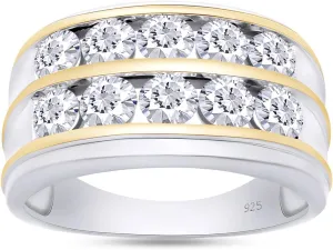 Men's Wedding Band Rings | 925 Sterling Silver Princess Cut Moissanite & Lab Grown Diamond Men's Religious Two Tone Double Row Crossover Channel Set Half Eternity Band 3 Stone Promise Ring For Him