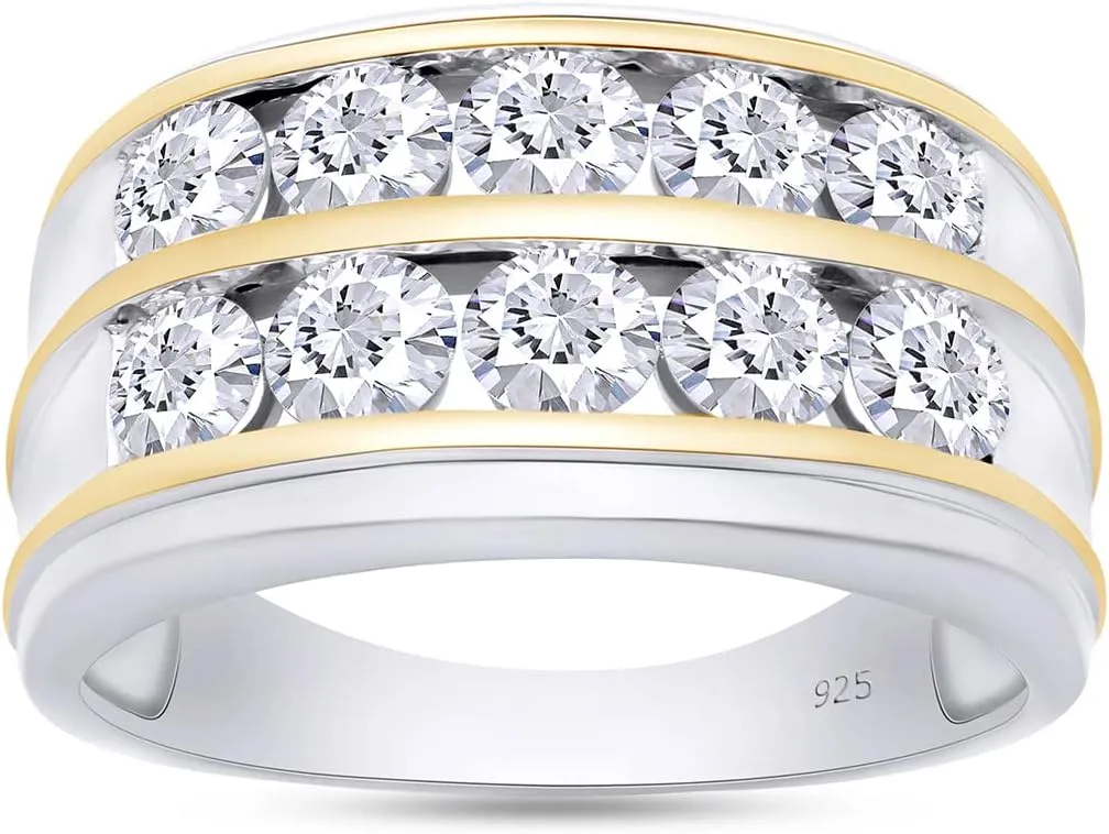 Men's Wedding Band Rings | 925 Sterling Silver Princess Cut Moissanite & Lab Grown Diamond Men's Religious Two Tone Double Row Crossover Channel Set Half Eternity Band 3 Stone Promise Ring For Him