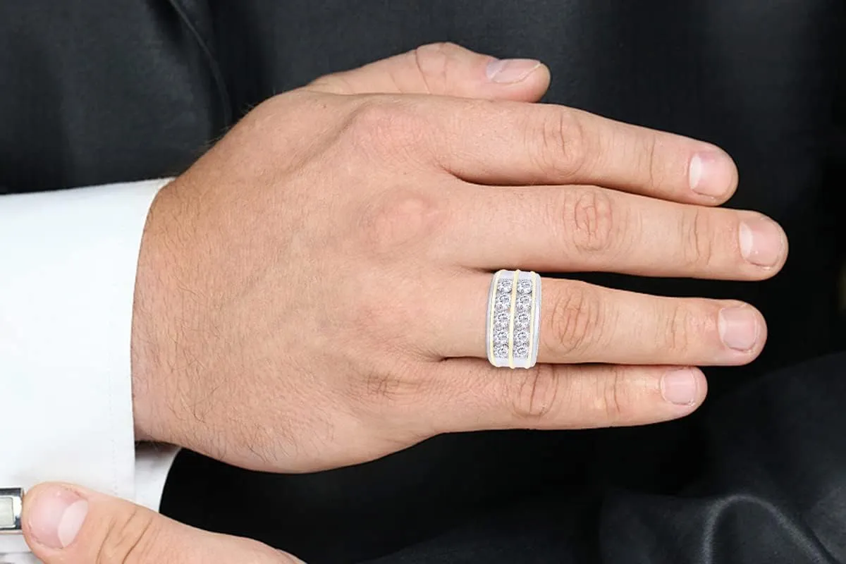 Men's Wedding Band Rings | 925 Sterling Silver Princess Cut Moissanite & Lab Grown Diamond Men's Religious Two Tone Double Row Crossover Channel Set Half Eternity Band 3 Stone Promise Ring For Him