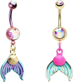 Mermaid Tail and Sea Shell Belly Button Ring,Crystal Navel Ring,Delicate Belly Ring,Girlfriend Gift,Gift to Her