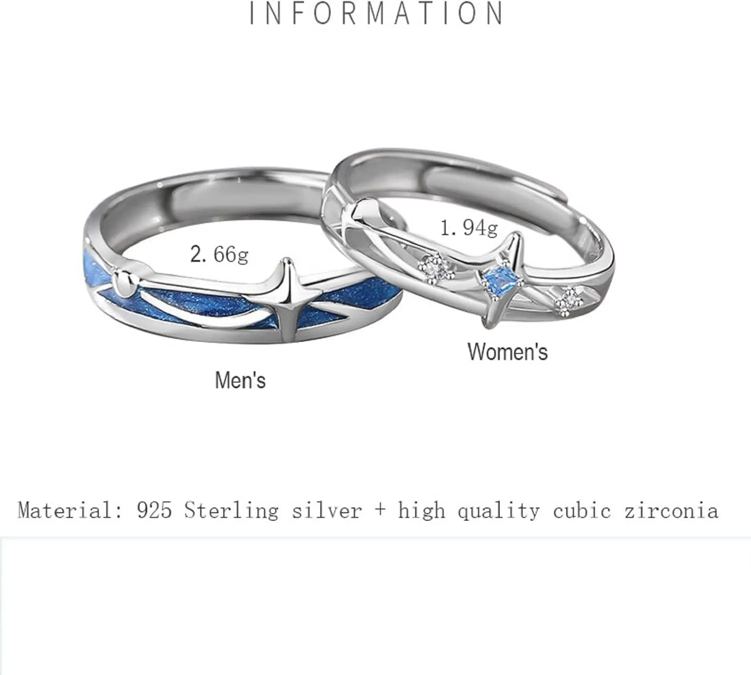 Meteor Shower Matching Rings for Couples 925 Sterling Silver Crystal Cubic Zirconia Starry Sky Lucky Star Engagement Wedding Ring Adjustable Ring Set Promise Ring for Her (Men's)