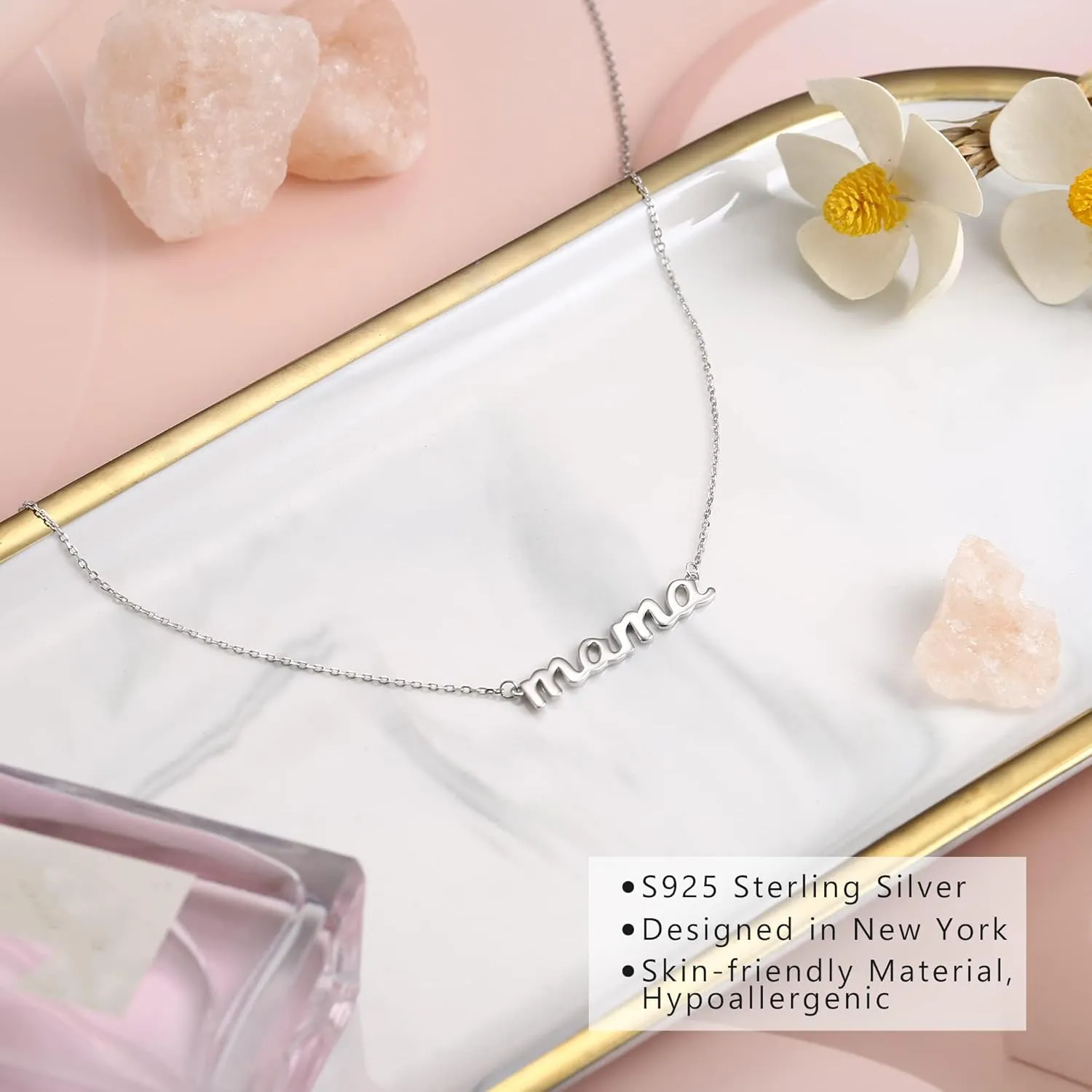 MILACOLATO Mother's Day Gifts 925 Sterling Silver Mama Necklace 14K White Gold Plated Mom Necklaces for Mom New Mum Grandma Women Wife