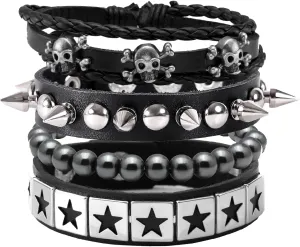 MILAKOO 4pcs Gothic Style Bracelets Set Skull Star Wristband Buckle Adjustable Vintage Punk Jewelry