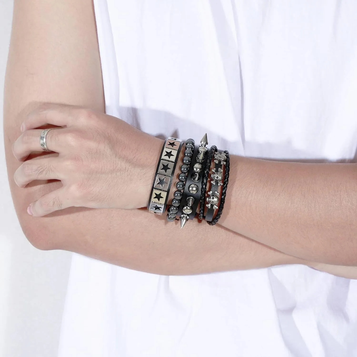 MILAKOO 4pcs Gothic Style Bracelets Set Skull Star Wristband Buckle Adjustable Vintage Punk Jewelry