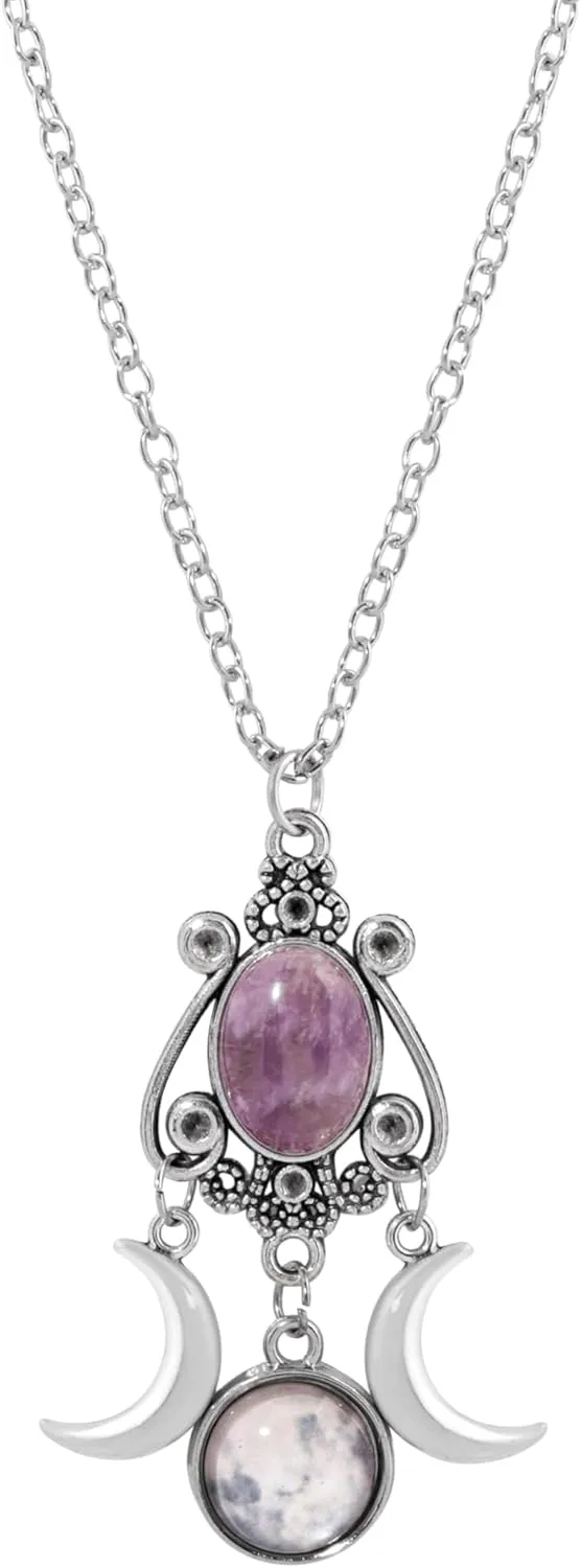 MINACHI Bohemian Ethnic Retro Style Amethyst-toned Pendant Necklace, Purple Moon and Half Moon, Long Jewelry for Women