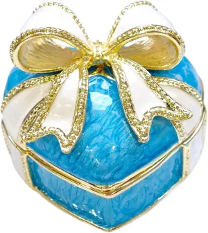 Mini Trinket Box, Bow-knot Heart Shape Gift Box Hinged Jewelry Box Vintage Metal Enameled Decorative Box Ring Earrings Jewelry Organizer for Women Girls Wedding Birthday, Blue