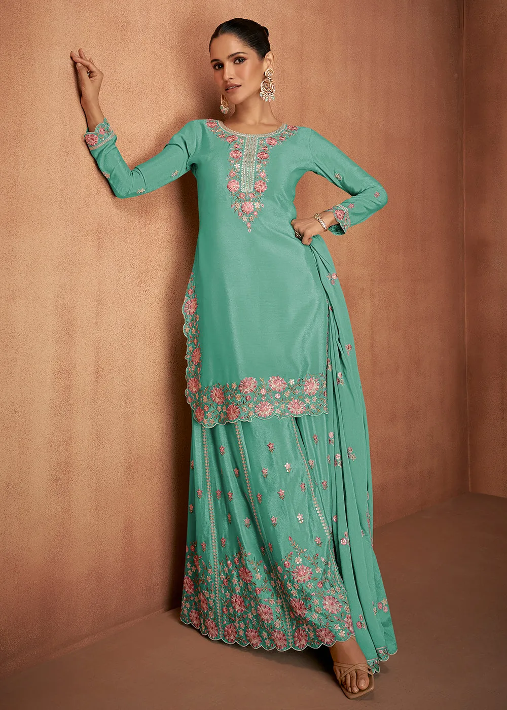 Mint Green Chinnon Silk Festive Style Palazzo Suit